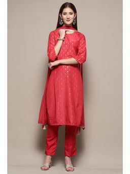 Biba - Women Red Art Silk Straight Kurta and Pant with Dupatta