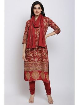 Biba - Red Straight Kurta and Churidar with Dupatta