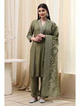 Biba - Sage Green Cotton Straight Kurta and Palazzo with Dupatta