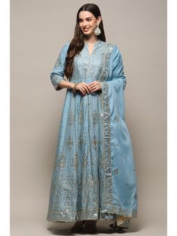 Biba - Women Pastel Blue Cotton Anarkali Kurta and Sharara with Dupatta