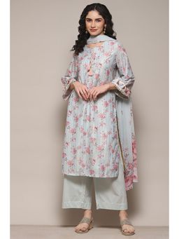 Biba - Grey Cambric Straight Kurta and Palazzo with Dupatta