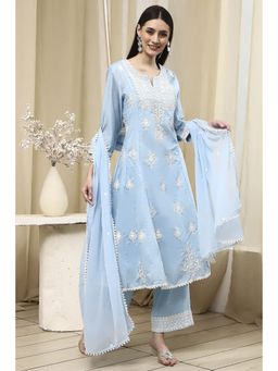 Biba - Blue Embroidered Kalidar Kurta and Palazzo with Dupatta