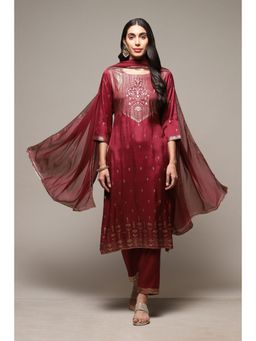 Biba - Women Maroon Printed Straight Kurta and Pant with Dupatta