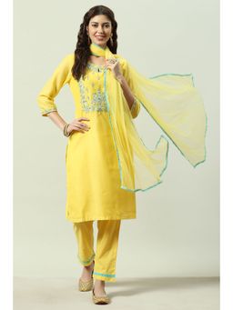 Biba - Women Yellow Straight Kurta and Pant with Dupatta