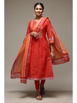 Biba - Red Cotton Kalidar Kurta and Churidar with Dupatta