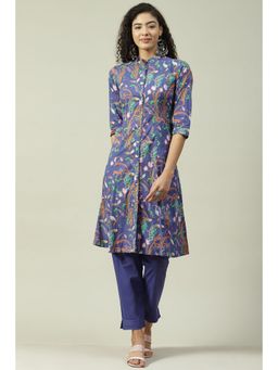 Biba - Women Blue and Purple Printed Cotton Straight Kurta and Pant