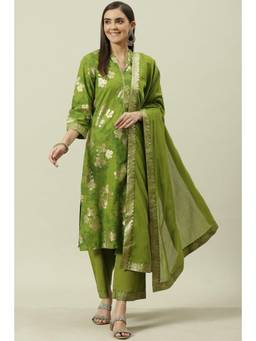 Biba - Mehndi Cotton Straight Kurta and Palazzo with Dupatta