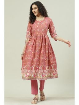 Biba - Women Dusky Pink Printed Cotton Regular Kurta and Pant