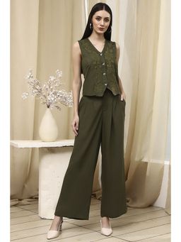 Biba - Women Olive Green Embroidered Straight Co-Ord