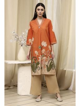 Biba - Women Orange Cotton Blend Schiffli Straight Kurta-Inner and Palazzo
