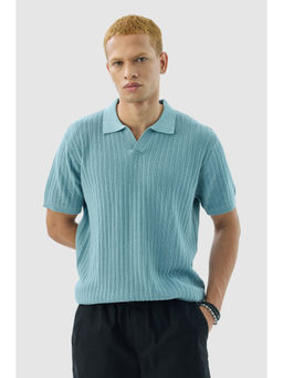 Snitch - Blue Textured Half Sleeves Slim Casual Polo T-Shirt