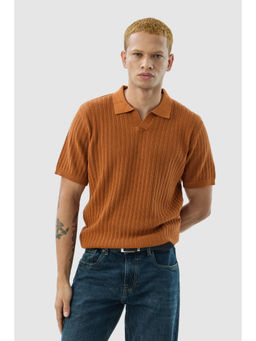Snitch - Brown Textured Half Sleeves Slim Casual Polo T-Shirt