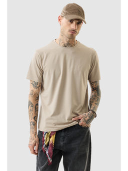 Snitch - Beige Solid Half Sleeves Slim Casual T-Shirt
