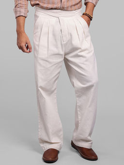 ROOKIES - Off White Pleated Korean Fit Cotton Trouser