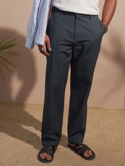 HIGHLANDER - Men Blue Premium Linen Relaxed Fit Casual Trousers