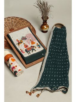 KISHORI - Women Printed Unstitched Cotton Kurta & Bottom, Chiffon Dupatta Set White & Green