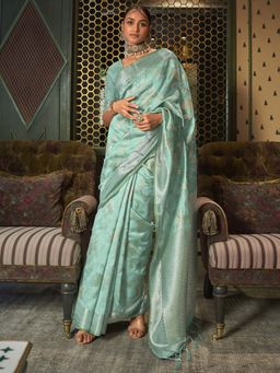 Akhilam - Women Silk Blend Sea Green Designer Saree with Unstitched Blouse