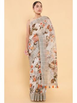 Soch - Women Beige Linen Printed Saree with Stitched Blouse