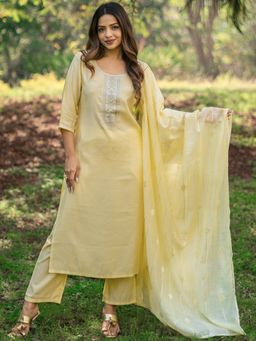 Gerua By Libas - Women Yellow Embroidered Kurta with Pant and Dupatta (Set of 3)