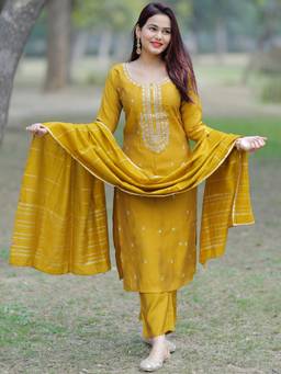 Gerua By Libas - Women Mustard Embroidered Kurta with Pant and Dupatta (Set of 3)