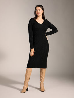 Twenty Dresses by Nykaa Fashion - Black Solid V Neck Bodycon Midi Sweater Dress