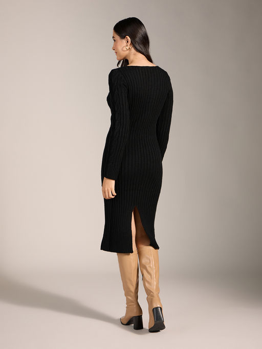 Buy Twenty Dresses by Nykaa Fashion Black Solid V Neck Bodycon Midi Sweater  Dress Online