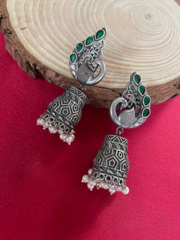 Digital Dress Room - Peacock Green Enamel Design Jhumkas