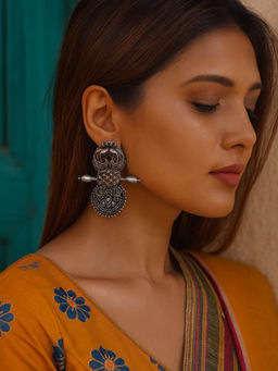 Digital Dress Room - Peacock and Flower Design Drop Earrings