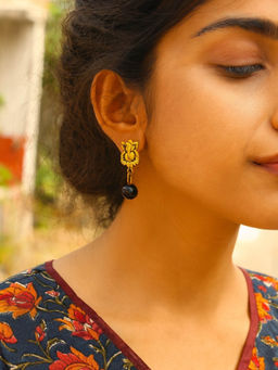 Digital Dress Room - Ganesha With Black Stone Design Stud Drop Earrings
