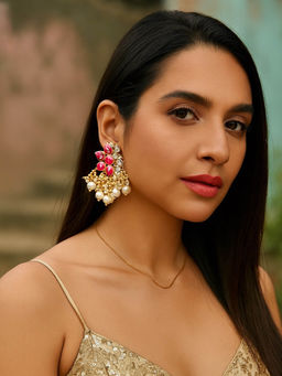 Digital Dress Room - Pink Flower With Pearl Design Drop Earrings