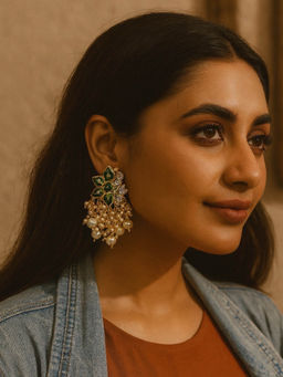 Digital Dress Room - Green Flower With Pearl Design Drop Earrings