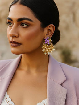 Digital Dress Room - Purple Flower With Pearl Design Drop Earrings