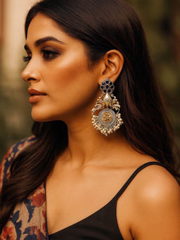 Digital Dress Room - Chandelier Earrings Peacock Design Black Enamel With Pearl