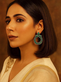 Digital Dress Room - Elegant Green Enamel Design Drop Earrings