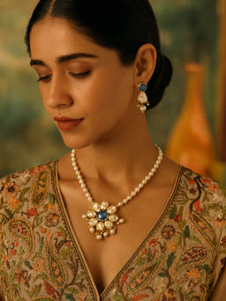 Digital Dress Room - Flower Blue Stone Pearl Necklace Set