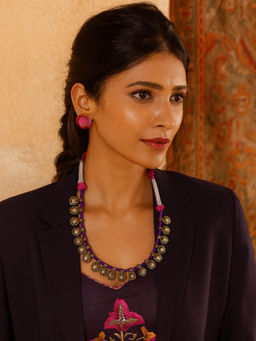 Digital Dress Room - Oxidised Silver Necklace Flower Design with Pink and Purple Cord