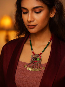 Digital Dress Room - Oxidised Silver Necklace Rectangle Shape with Green and Red Cord