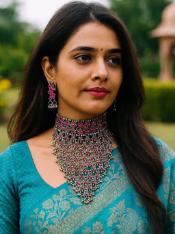 Digital Dress Room - Oxidized Silver Choker Magenta Flower Necklace Set