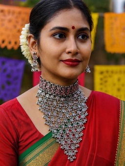 Digital Dress Room - Oxidized Silver Choker Baby Pink Flower Necklace Set