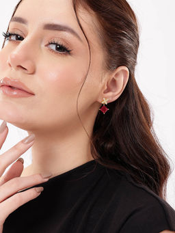 Carlton London - 18kt Gold Plated CZ Floral Ruby Square Drop Earrings