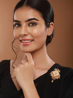 Saraf RS Jewellery - Gold Toned Kundan and Pearl Beaded Peacock Design Broach Saree Pin