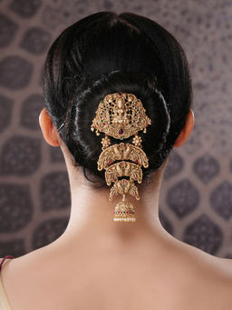 Saraf RS Jewellery - Gold Plated Red Kempo Studded Nagas Lakshmiji Antique Temple Bridal Bun Pin