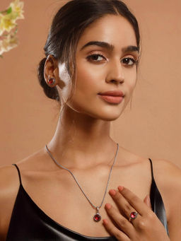 Saraf RS Jewellery - Silver Oxidised Red Stones Minimal Locket Jewellery Set