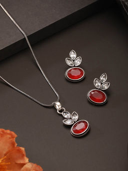Saraf RS Jewellery - Oxidised Silver Toned Ruby Red and White Stone Studded Jewellery Set