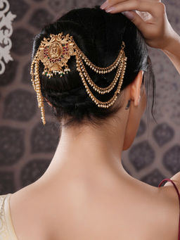Saraf RS Jewellery - Gold Finish Red Kempo Studded Nagas Goddess Lakshmi Design Temple Bun Pin