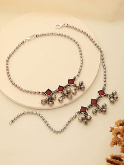Saraf RS Jewellery - Oxidised Silver Plated Red Stone Anklet