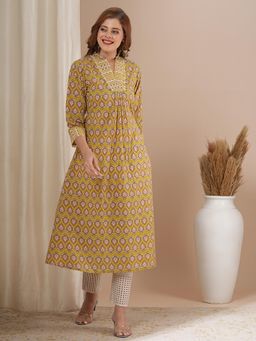FASHOR - Yellow Printed A-Line Flared Kurta