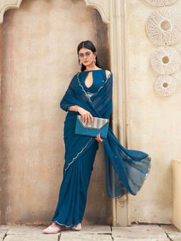 Tikhi Imli - Teal Colored Organza Saree with Unstitched Blouse