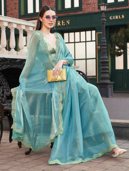 Tikhi Imli - Blue Colored Jimy Cho Saree with Unstitched Blouse