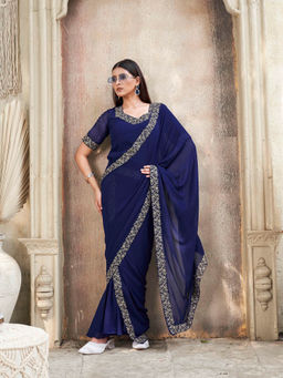 Tikhi Imli - Ready To Wear Navy Blue Colored Poly Georgette Gown Saree Without Blouse